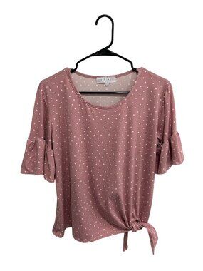 C'EST La Vie Large Pink Polka Dot Tie Front Top Ruffle Sleeves Cottagecore